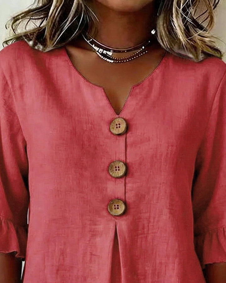 V-Neck Blouse with Wooden Buttons and Ruffled Sleeves