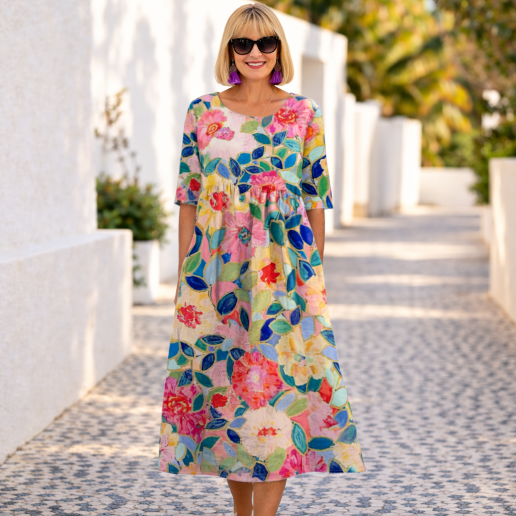 Susie | Floral Summer Dress with half sleeve and round neck