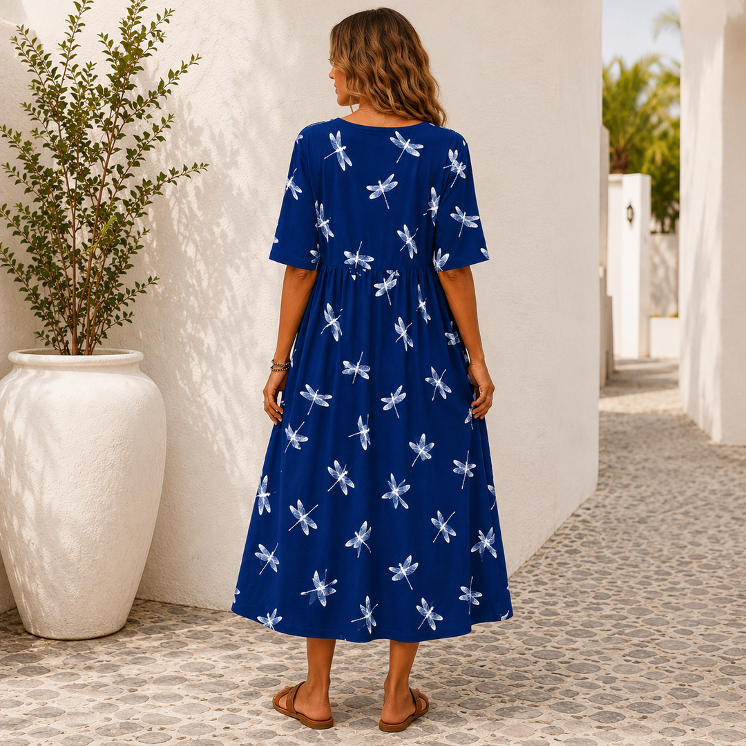 Cassandra | elegant dragonfly tummy -coverage midi dress