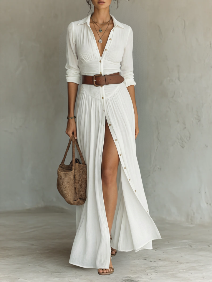 OLIVIA | Women’s Long Maxi Dress with Notched Lapel Collar and Long Sleeves in Linen