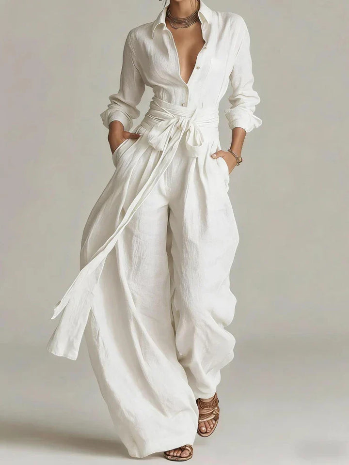 Marlène™ | Vintage Button-Up Shirt & Wide-Leg Trouser Set