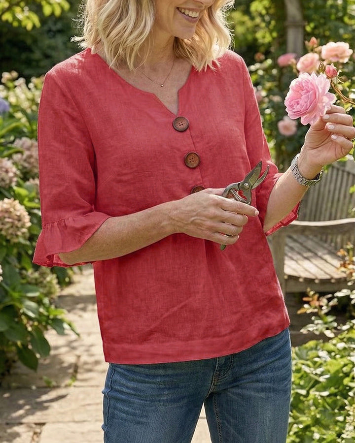 V-Neck Blouse with Wooden Buttons and Ruffled Sleeves