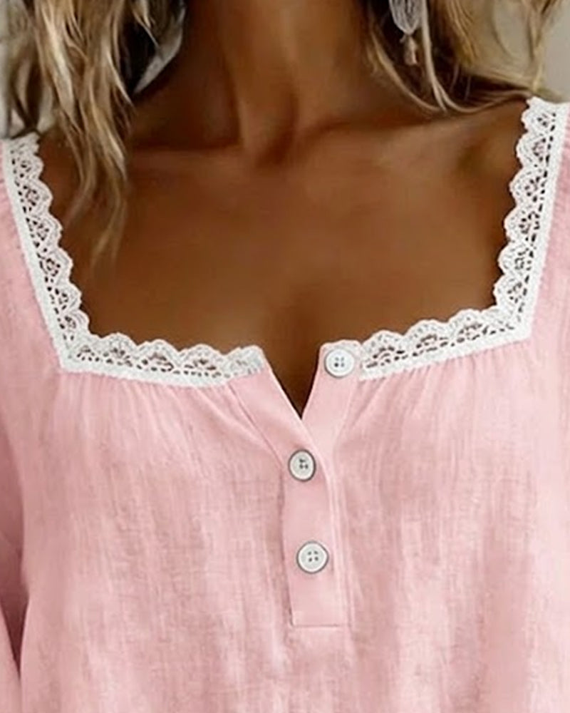 Lace Blouse with Square Neck and Puff Sleeves