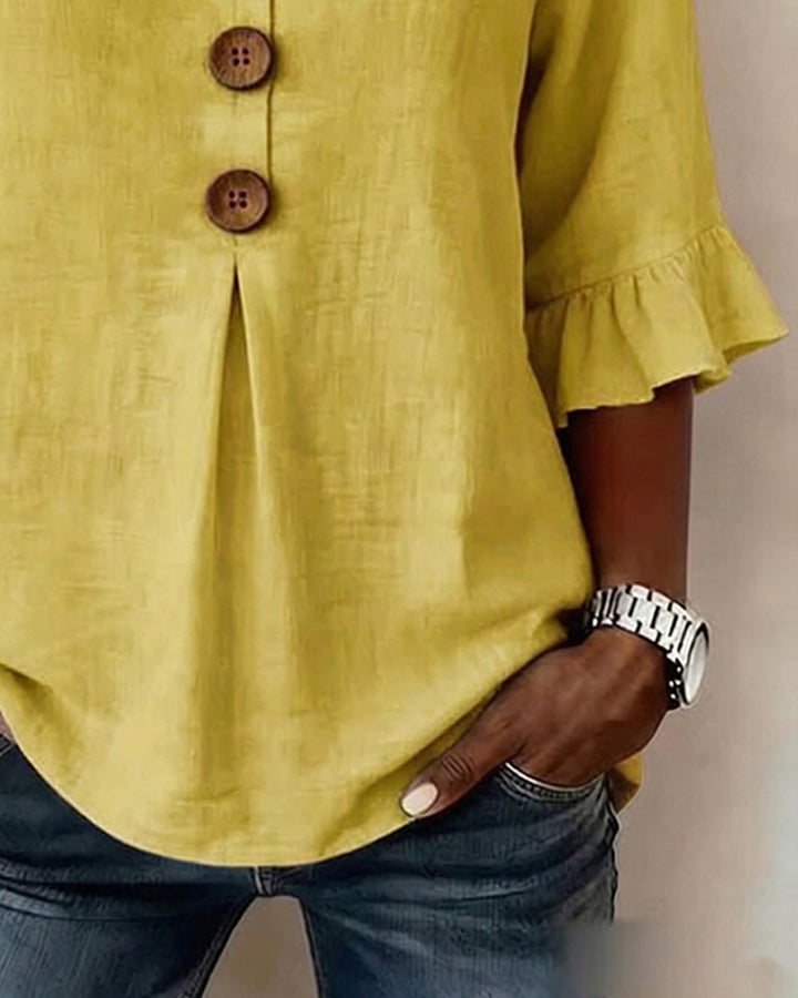 V-Neck Blouse with Wooden Buttons and Ruffled Sleeves