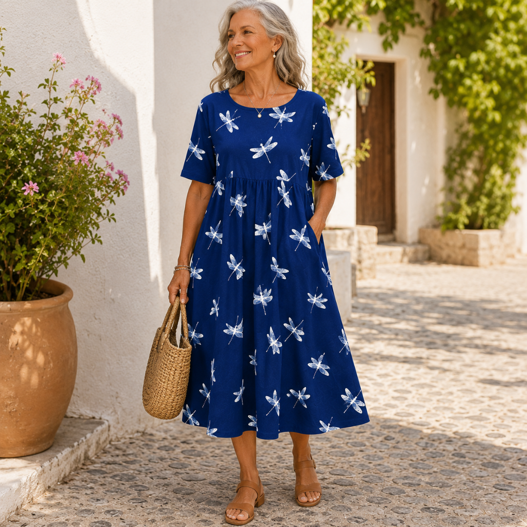 Cassandra | elegant dragonfly tummy -coverage midi dress